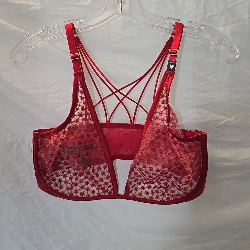 Victoria Secret Bra Unlined Plunge Red Star‎ Strappy Sheer Luxe Underwire NWT